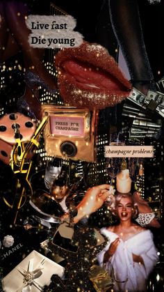 a collage of photos with various items and words on it, including lipstick, gold glitter