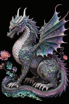 a colorful dragon statue sitting on top of a black surface with flowers and leaves around it