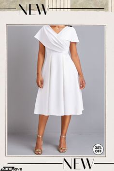 White Umbrella Hem Short Sleeve V Neck Dress Mid-length White Mini Dress For Summer, White Mid-length Mini Dress For Summer, White Pleated Midi Dress With Short Sleeves, White Knee-length Solid Color Dress, White Solid Color Midi Dress For Spring, White Knee-length Solid Dress, Spring White Solid Color Midi Dress, White Knee-length Dress, Chic White Solid Color Dresses