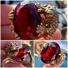 This Extremely Rare High End Ring Is Crafted In 14.17 Grams Of Custom Solid 14k Yellow Gold With A Huge Genuine Red Sapphire , Surrounded By An Extremely Detailed Alligator ( My Guess!!) The Sapphire Is 18x13mm Size 12 But Sizeable . This Can Go All The Way Down To A Size 6 If Need Be By A Trusted Jeweler Collectors Item Photo 6 Shows Caliper Size Comparison. Photo 2 Shows Gem Tester Photo 5 Shows Gold Stamp No Paperwork Gift Box Included For Free( Always!!) I Have A Ton Of 10k, 14k, , Kay Jewel Wedding Rings Art Deco, Alligator Ring, Rings Art Deco, Wedding Rings Art, Gemstone List, Red Sapphire, Art Deco Wedding Rings, Kay Jewelers, Rare Gemstones