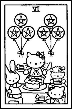 hello kitty birthday card with balloons and stars on the top, in black and white