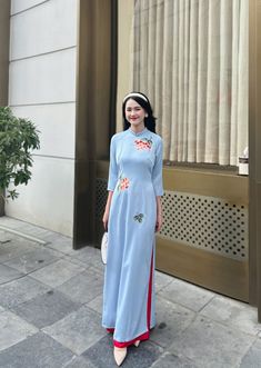 Vietnamese Ao Dai with sharp 3D printed motifs on silk fabric. Slim and lightweight design enhances the female figure. High quality silk material, slight stretch, very light and comfortable to wear. Traditional Long Maxi Dress For Spring, Full Length Silk Dress For Spring, Elegant Full-length Ao Dai For Summer, Full Length Floral Embroidered Dress, Long Floral Print Ao Dai For Summer, Summer Floral Print Long Ao Dai, Traditional Light Blue Spring Dress, Summer Long Ao Dai With Floral Print, Summer Long Floral Print Ao Dai