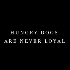 the words hungry dogs are never loyal on a black background