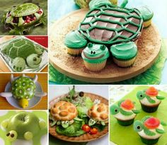 there are many different cakes and cupcakes made to look like turtle's