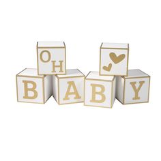 wooden blocks with the words oh baby written on them in gold and white letters,