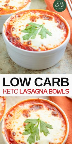 low carb keto lasagna bowls with cheese and parsley on top