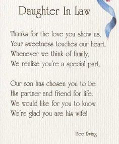 a poem written on paper that says,'daughter in law thanks for the love you show us your sweetness touches our heart whenever we think of family