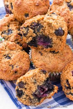 blueberry bran muffins stacked on top of each other with text overlay