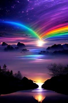 a rainbow colored sky with clouds and water