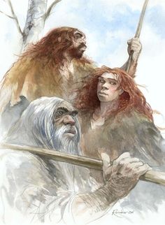 two people with long hair and beards, one holding a stick while the other holds an animal