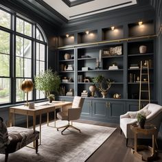 an office with blue walls and built - in shelvings, two chairs, a desk, and a rug