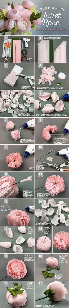 the process of making flowers out of paper and plastic spoons is shown in several different stages