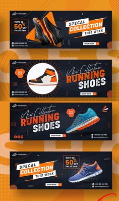 three banners for running shoes with orange and blue colors on the bottom, one has an image