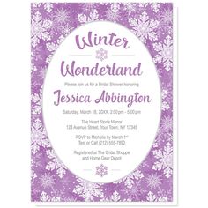 a purple and white snowflake themed winter wonderland birthday party with the words winter wonderland on it