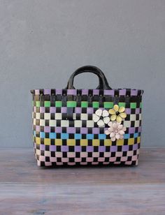 The Cutest Bag, Recycled Plastic Basket Bag, Multicolored and Black, Enamel flowers, Retro Purse Recycled Tote, Chic Purses, Plastic Basket, Amazing Finds, Retro Purse, Leather Weekender, Top Handle Bags, Basket Bag, Weaving Art