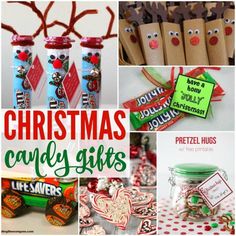 christmas candy gifts are displayed in this collage