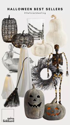 halloween best sellers ad with skeletons, pumpkins and other decorations on display in front of a white background