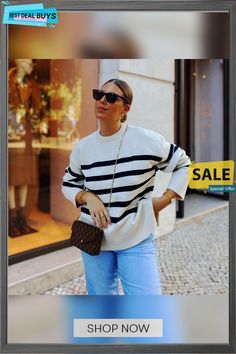 Striped Long Sleeve Round Neck Thread Pullover Female Knitting Sweater Chic Striped Crew Neck Sweater, Chic Crew Neck Sweater For Day Out, Trendy Knitted Sweater For Day Out, Casual Striped Sweater For Day Out, Oversized Knitted Sweater For Day Out, Striped Long Sleeve Fine Knit Sweater, Chic Striped Knit Sweater, Striped Fine Knit Long Sleeve Sweater, Knitted Sweater For Winter Day Out