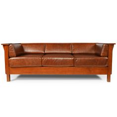 Arts and Crafts / Craftsman Cubic Panel Side Sofa - Chestnut Brown Leather - Crafters and Weavers Blue Chesterfield Sofa, Side Sofa, Mission Style Furniture, Mission Furniture, Genuine Leather Sofa, Cherry Brown, Shaker Furniture, Quarter Sawn White Oak, Mission Oak