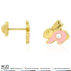 Main Stone Color: White Main Stone Creation: Man-Made Crafted in: Europe Main Stone: Zirconia Metal Purity: 14K Metal: Yellow Gold Base Metal: Yellow Gold, 14k Misc Style: Stud Brand: WJD Exclusives Product Category: Earrings Body Area: Ear Occasion: Any Size: one size.  Gender: unisex.  Age Group: infant.  Pattern: solid. Kids Studs, Pink Crafts, Rabbit Baby, Gem Diamonds, Gold Jewelry Earrings, Pink Enamel, Green Enamel, Fine Jewelry Collection, Ear Studs