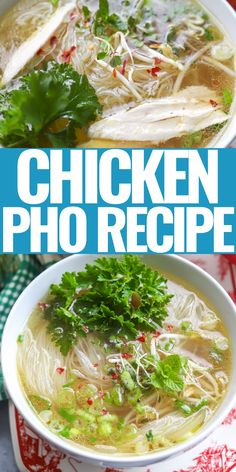 chicken pho soup in a bowl with garnishes