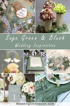 green and blush wedding inspiration board with flowers in vases, candlesticks, napkins