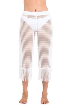 Model is wearing a Fringed Out Cropped Pant in White. Novelty Fabric, Grid Pattern, Sleek Look, Swimwear Collection, Cropped Pants, One Piece Swimsuit, Overalls, Comfort Fit, Split