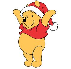 a winnie the pooh character wearing a santa hat and holding his arms in the air