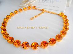 Topaz / Swarovski Crystal Necklace / Choker /  SS47 Yellow Orange Jeweled Jewelry As Gift, Elegant Yellow Jewelry With Rhinestones, Luxury Orange Jeweled Jewelry As Gift, Orange Jeweled Jewelry For Gift, Elegant Orange Jeweled Jewelry, Yellow Choker, Tennis Choker Necklace, Short Gold Necklace, Gold Costume Jewelry