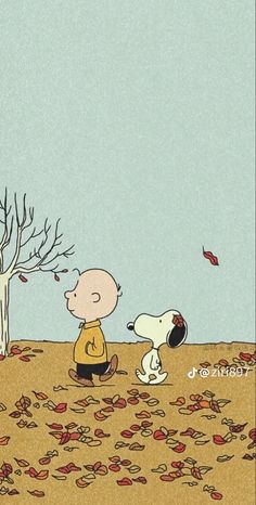 a charlie brown and his dog are looking at leaves on the ground in front of a tree