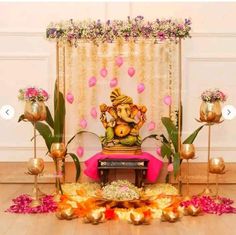 Ganpati Setup At Home, Pooja Backdrop, Ganesha Decoration, Leaf Decor Wedding, Ganpati Decoration Theme, Ganesh Pooja, Ganpati Decor, Small Wedding Decor, Mandir Decoration