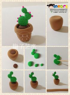 there are many different pictures of small cactuses in the planter, and one is made out of clay