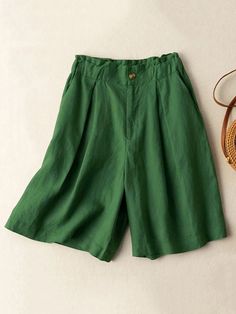 Vintage Solid Color Pleated High Waisted Shorts GREEN-3XL Linen Style, Daily Dress, Vintage Shorts, Khaki Green, Color Khaki, Outfits Casuales, High Waisted Shorts, Casual T Shirts, Look Fashion