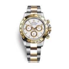 Certified Pre-Owned Rolex Two-Tone Steel & 18K Yellow Gold Oyster Perpetual Daytona Cosmograph with 40X40 MM White Round Dial; 116523 Rolex Collection, Daytona Watch, Rolex Bracelet, Rolex Cosmograph Daytona, Cosmograph Daytona, Rolex Models, Buckle Bracelet, Rolex Watch, Pre Owned Rolex