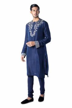 Shop for Debarun - Men Blue Embroidered Silk Kurta Set for Men Online at Aza Fashions Navy Blue Kurta, Kurta Set Men, Silk Kurta Set, Blue Kurta, Kurta Set For Men, Embroidered Motifs, Silk Kurta, Churidar, Kurta Set