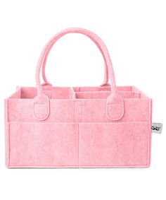 a pink felt bag with two compartments on the front and one in the back,