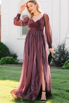 Red Long Sleeve Maxi Dress, Shiny Accessories, Maxi Frocks, Dresses For Apple Shape, Sheer Long Sleeve Dress, Shimmery Fabric, Flowy Gown, Cape Top, Black Tie Affair