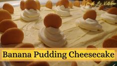 there is a banana pudding cheesecake with icing on the top and toppings