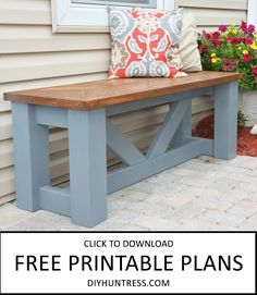 a wooden bench sitting in front of a house with the text free printable plans