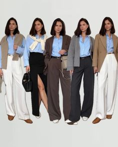 🤍💙🤎 And last photo for more inspo with blue shirt. Such a good basic to have in your wardobe. #springoutfits #workwearoutfit #officelooks Blue shirt, white trousers, capsule wardrobe, camel blazer, minimal style, women suit, neutral colours, styling Blue Shirt Work Outfit Women, Blue Shirt Brown Pants, Brown And Blue Outfit, Minimal Style Women, Beige Top Outfit, Light Blue Shirt Outfit, Blue Trousers Outfit, Beige Pants Outfit, Brown Pants Outfit