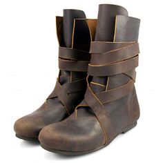 Brown Leather 'Strap Wrap' Boots | Calf Height Viking / Medieval Can be adjusted for various calf thickness. Wooden toggles. Material: Genuine Leather with rubber soles.Color: BrownMen's US Sizes: 5.5 through 15.5 (EU Sizes: 36-50) Worldwide shipping available!Custom made to order: Please allow up to 1-3 weeks before item ships. Share: Leather Boots For Medieval Festivals, Viking Style Leather Boots For Cosplay, Viking Leather Boots With Rubber Sole, Medieval Leather Boots With Leather Sole, Viking Boots, Viking Leather Lace-up Boots, Viking Medieval, Medieval Shoes, Beard Beads