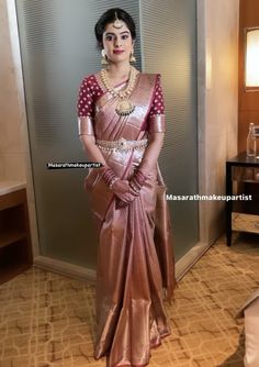 Simple Bridal Look Indian In Saree, Wedding Saree Kanchipuram Bridal, Wedding Pattu Sarees For Bride, South Saree Blouse Design, Marriage Pattu Sarees, Engagement Pattu Saree, Light Pink Kanchipuram Silk Saree, Sarees Pattu Weddings, New Pattu Sarees Collection 2023