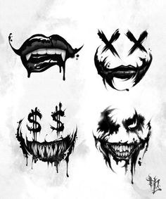 some scary faces drawn in black and white