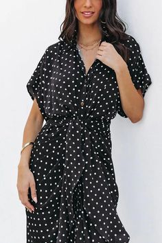 Polka Dot Tie Front Midi Shirt Dress Short Sleeve Polka Dot Dress For Day Out, Casual Polka Dot Short Sleeve Dress, Spring Polka Dot Collared Dresses, Polka Dot Dresses With Buttons And Short Sleeves, Chic Midi Dress, Midi Dress Chic, Polka Dot Tie, Ripped Shorts, Denim Romper