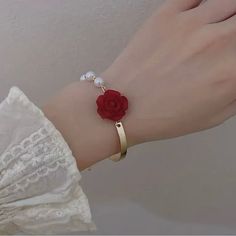 Elegant Faux Pearl Red Flower Bangle Chic & Versatile Bracelet For Everyday Glamour Perfect Gift For Jewelry Lovers Trendy & Unique Jewelry & Accessories Red Bracelet Gift For Spring, Red Flower Bracelets For Valentine's Day, Red Flower Bracelets For Wedding, Elegant Red Flower Bracelets, Elegant Red Flower Bracelet, Red Flower Decorated Jewelry For Spring, Ceramic Beads Bracelet, Red Bangles, Silver Heart Bracelet