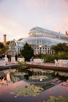 an outdoor dining area with tables and chairs next to a pond filled with water lilies