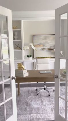 Office Desk Accessories White Board Home Office, Office With Tall Ceilings, Home Office Station, Office Door Ideas Home, Transitional Style Office, Home Office With Sofa Layout, Home Office Off Entryway, Small Office With Two Desks Layout, Entry Office Ideas