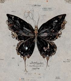 a drawing of a black butterfly with intricate details