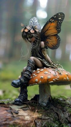 a little fairy sitting on top of a mushroom with a butterfly wings attached to it