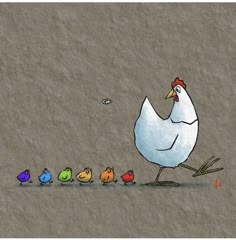 a drawing of a chicken and five little birds